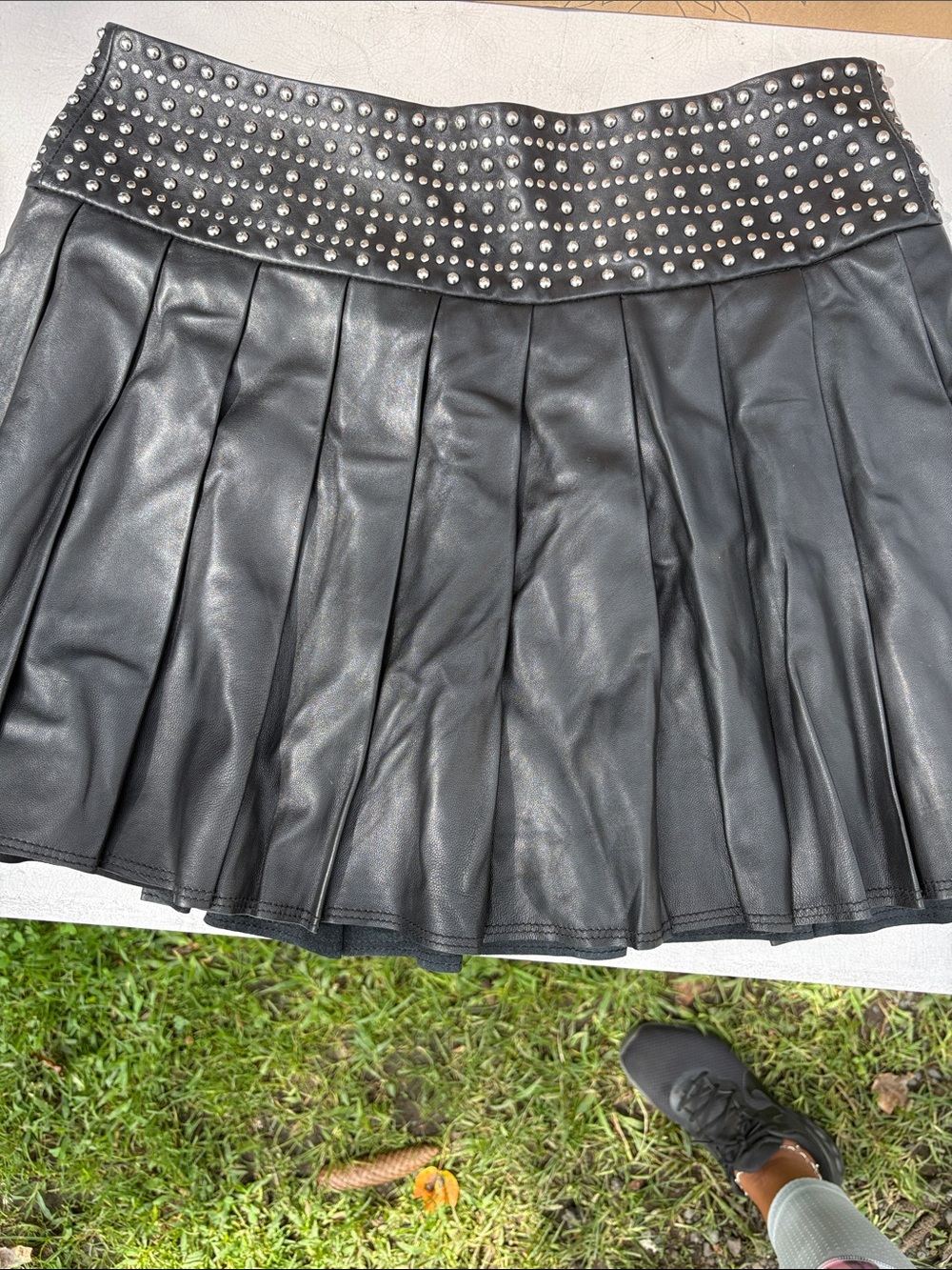 Alice + Olivia Black Studded Pleated Faux Leather Skirt